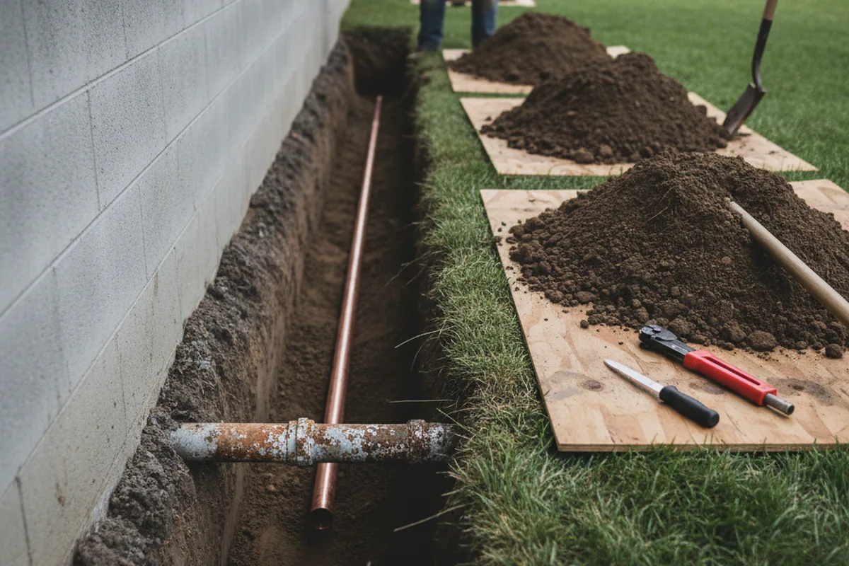 Excavated water line trench during Water Heater Repair in Gheens